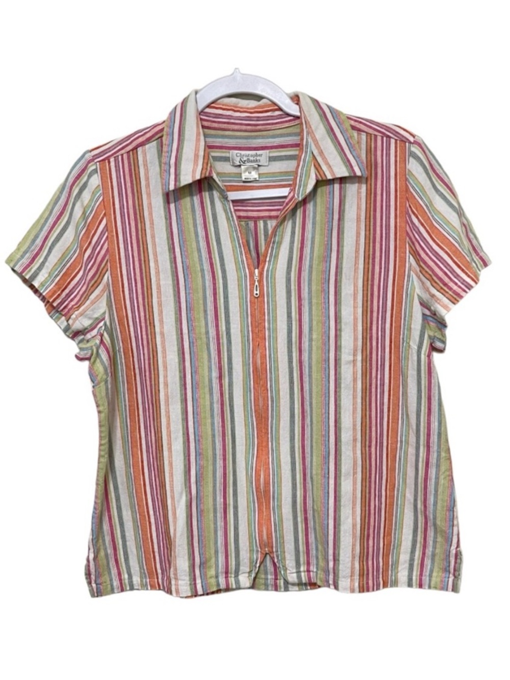 Christopher & Banks Linen Blend Boxy Zip Up Blouse Pastel Coastal Summer Size M